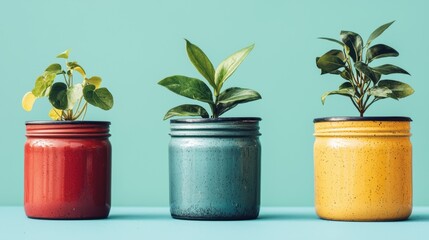 Material renewal through recycling concept Colorful potted plants against a teal background.