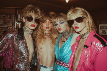 Four androgynous glam rock musicians wearing sparkling outfits and makeup are posing backstage
