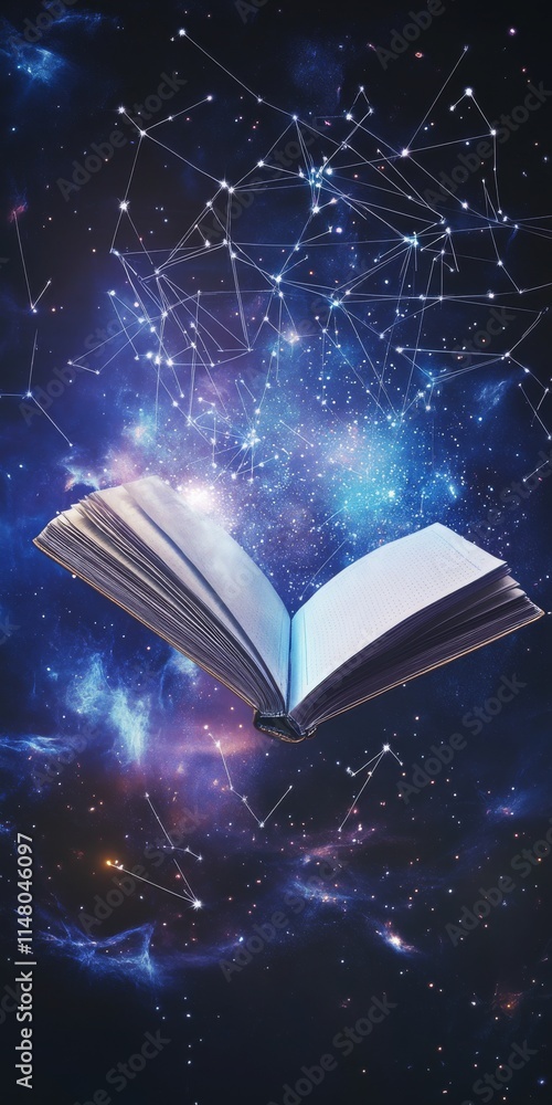 Poster an open book floating in a cosmic background with stars and constellations, symbolizing imagination 