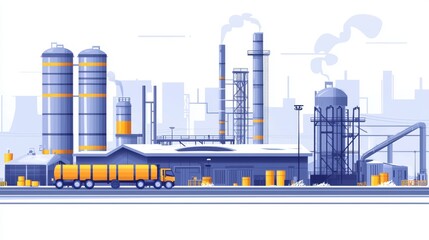 Material renewal through recycling concept Industrial facility with silos, smokestacks, and a train in a modern cityscape.