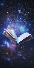 Fototapeta premium An open book floating in a cosmic background with stars and constellations, symbolizing imagination and the universe of knowledge.