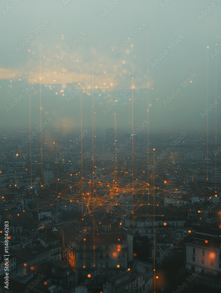 Leinwandbilder Cityscape showcasing neural networks symbolizing AI integration in a modern urban landscape at twilight. Generative AI