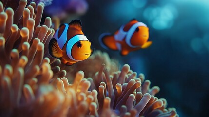 Fototapeta premium Close-Up of Two Clownfish Swimming Among Anemones in Bioluminescent Coral Reef: National Geographic Style. AI generated illustration