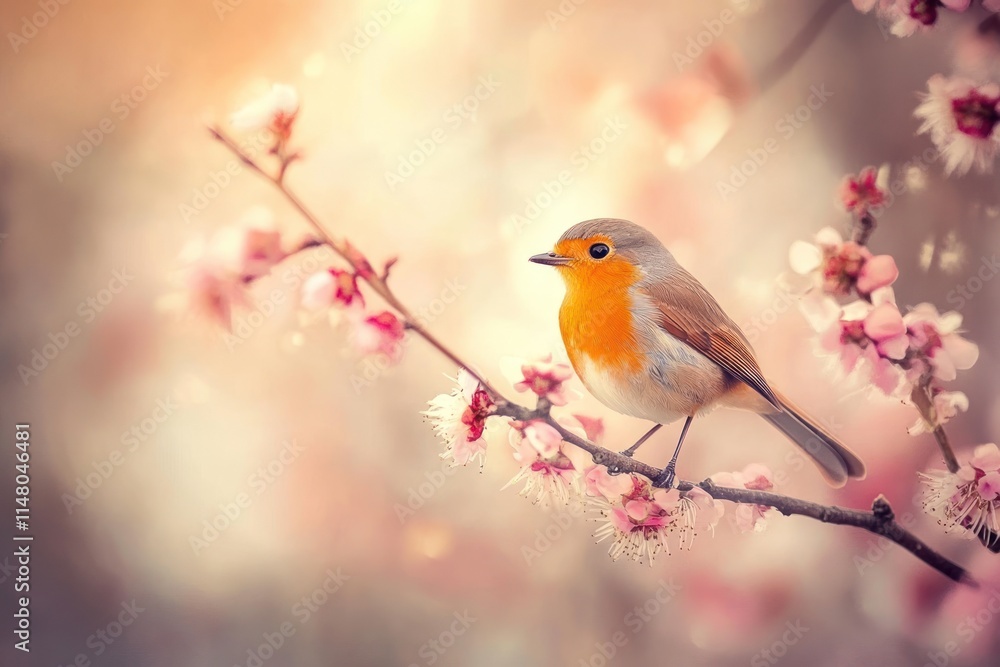 Poster robin bird perches on blooming cherry tree branch in soft light.