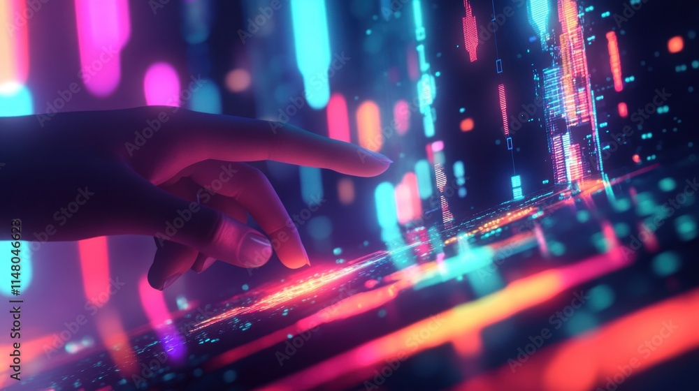 Poster hand interacts with glowing digital interface.
