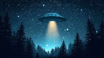UFO Alien Spacecraft Flying in Starry Sky with Light Beam: Cartoon Style. AI generated illustration