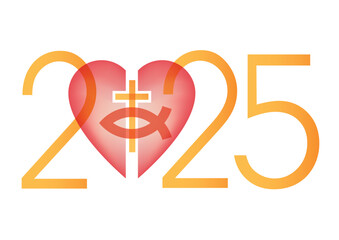 
Jesus fish symbol inside a heart symbol, new year 2025. Christianity fish symbol with cross. Yellow inscription 2025.
 Isolated on white background. Vector available.