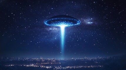 UFO Alien Spacecraft Flying in Starry Sky with Light Beam: Cartoon Style. AI generated illustration