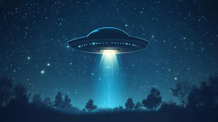 UFO Alien Spacecraft Flying in Starry Sky with Light Beam: Cartoon Style. AI generated illustration