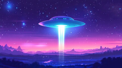 UFO Alien Spacecraft Flying in Starry Sky with Light Beam: Cartoon Style. AI generated illustration