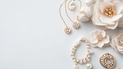 Elegant jewelry and floral decorations arranged on a light background, banner for a sophisticated look.
