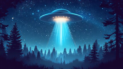 UFO Alien Spacecraft Flying in Starry Sky with Light Beam: Cartoon Style. AI generated illustration