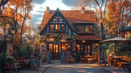 Autumnal cafe, charming house, outdoor seating.