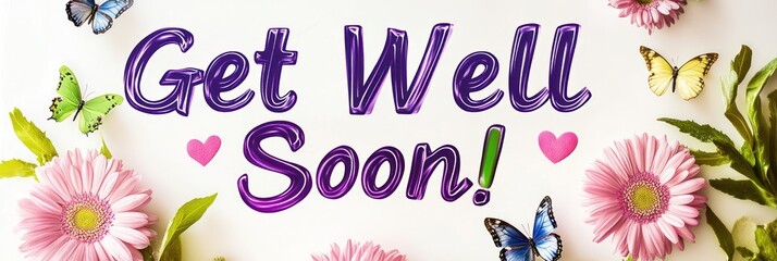Get Well Soon message with flowers and butterflies.