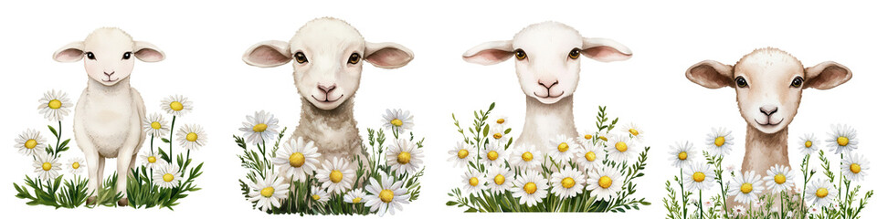 Cute lambs in field of daisies, showcasing innocence and joy, isolated on transparent background.