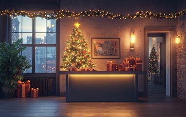 Fototapeta premium A cozy reception area with a small Christmas tree on the counter, wrapped gift boxes, and holiday lights framing the desk
