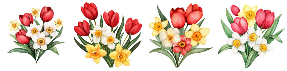 Beautiful tulips and daffodils arrangement in vibrant colors, perfect for spring, isolated on transparent background.