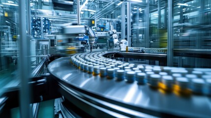 Automated Pharmaceutical Production Line Robotic Arm, Conveyor Belt, Medicine Bottles