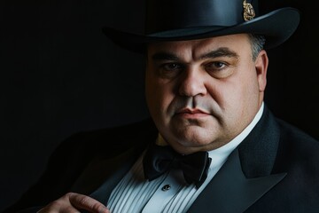 Portrait of imposing gentleman wearing formal suit and top hat, conveying power and sophistication