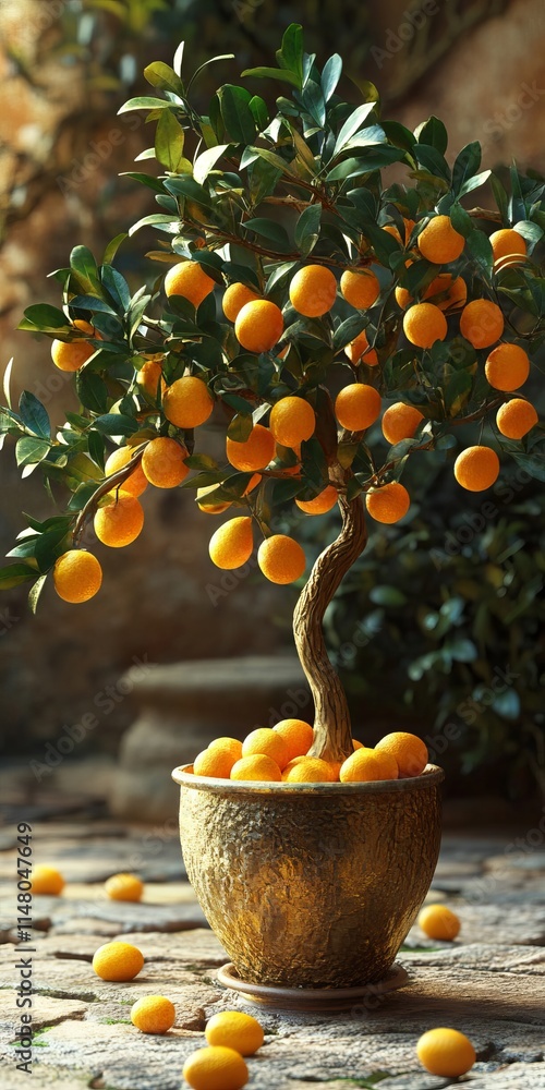 Poster a tree with many oranges on it is in a gold pot. the oranges are scattered around the pot, and some 