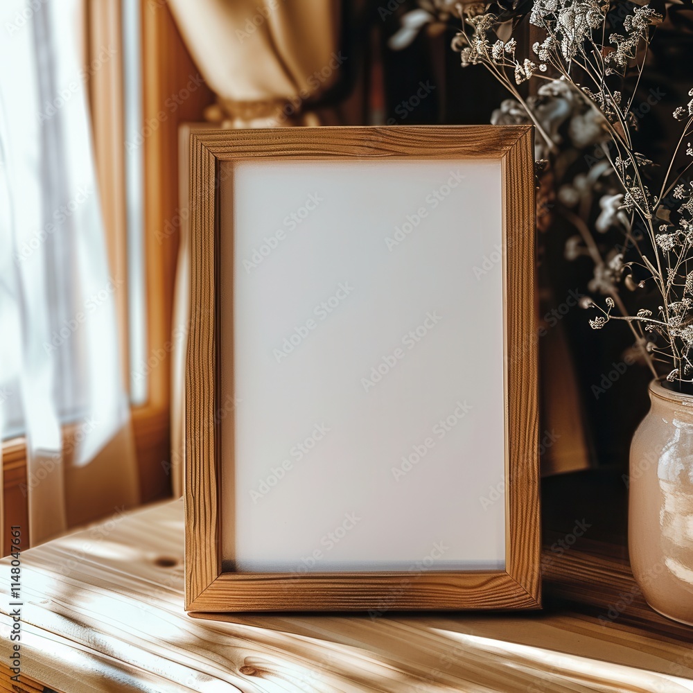 Canvas Prints Wooden frame on a rustic table near a window adorned with soft curtains, offering a cozy atmosphere for displaying art or memories in a bright and warm setting