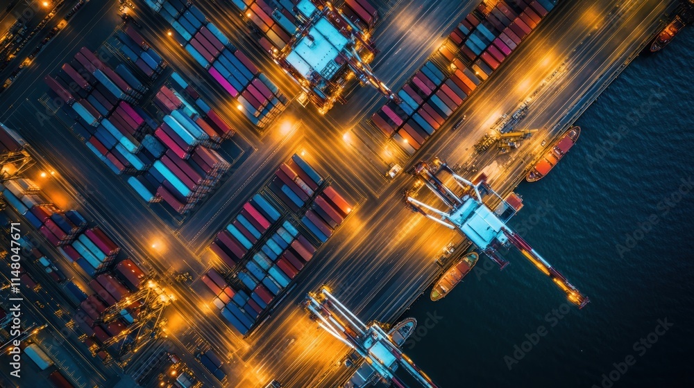Poster aerial night view of a port with container ships and cranes.