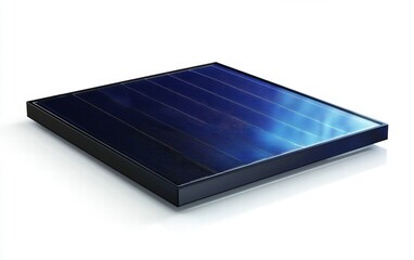 A deep blue solar panel with a vibrant glossy finish, glowing in bright sunlight, isolated on white