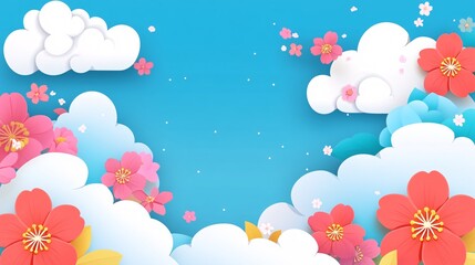 Colorful Paper Flowers and Clouds with Blue Sky Background for Bright Nature Design