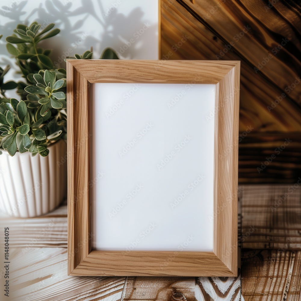 Poster elegant wooden frame on a rustic table with plants in a soft-lit environment, perfect for displaying