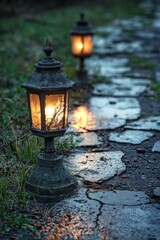 Naklejka premium Warm glow illuminates stone pathway amidst lush greenery in evening light