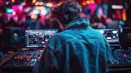 Obraz premium Music producer working at his mixing console in a vibrant studio setting. Back view, headphones on.