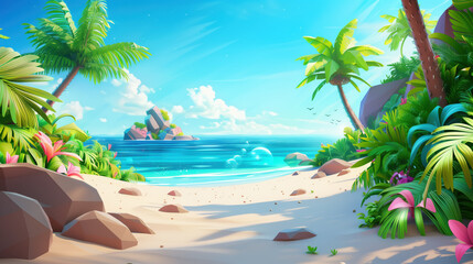 Obraz premium Tropical Beach Paradise Illustration with Palm Trees and Clear Blue Ocean, Perfect for Summer and Vacation Themes