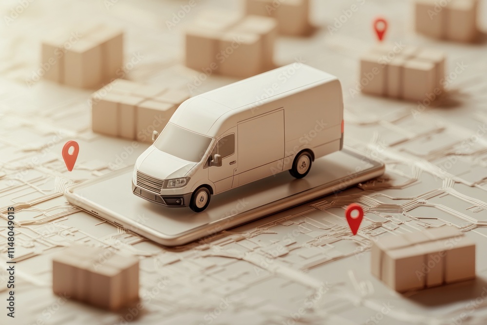 Poster White delivery van on map with boxes and location markers.
