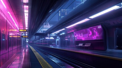 Obraz premium NeonLit Cyberpunk City Subway Station Futuristic Rain Night