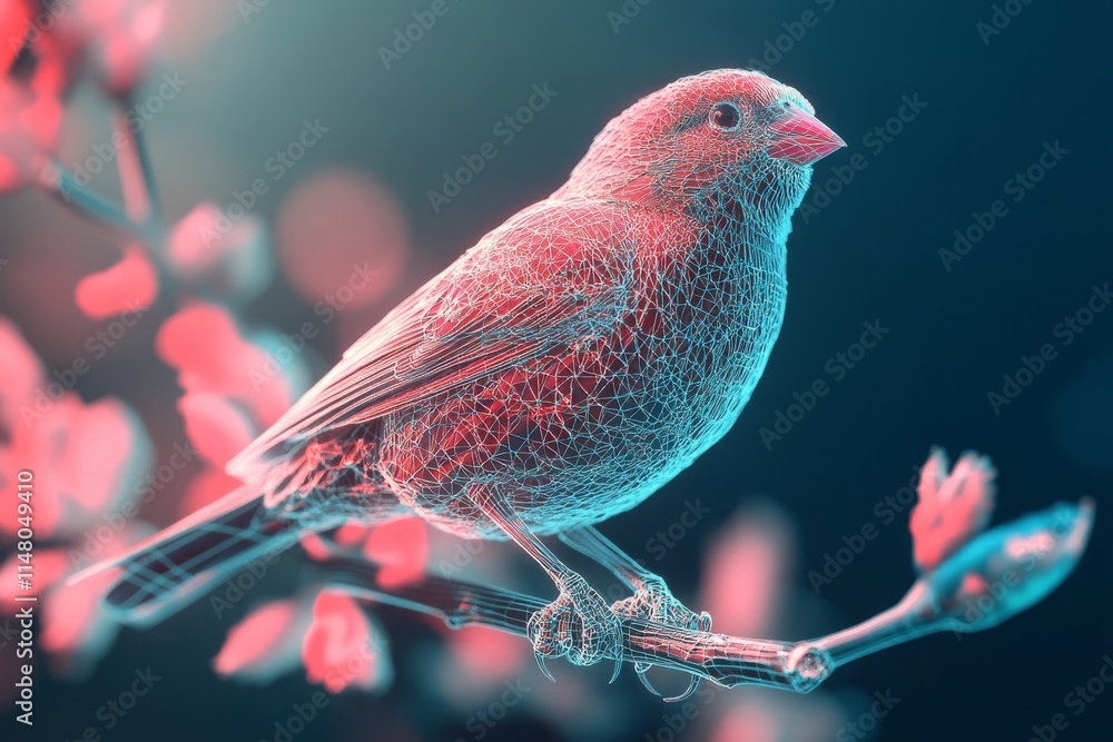 Poster a vibrant digital artwork depicting a bird with a neon wireframe design perched on a branch, set aga