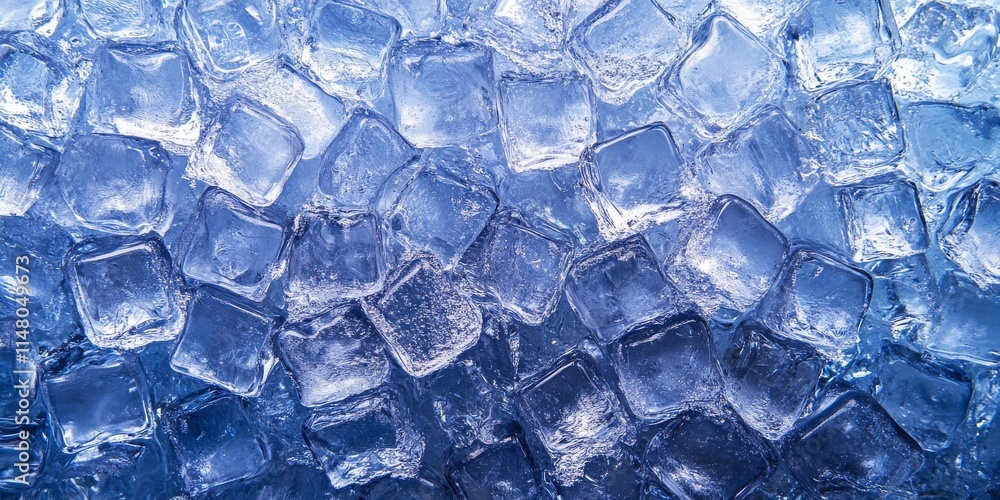 Poster a blue background with ice cubes scattered throughout. the ice cubes are in various sizes and shapes
