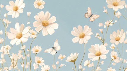 Soft Floral Landscape with Butterflies in Pastel Colors and Gentle Blue Background