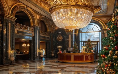 Obraz premium A luxurious hotel lobby with a massive chandelier and a festive reception desk
