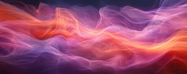 Obraz premium Abstract colorful smoke waves flowing gracefully in a dark background, showcasing vibrant shades of pink, purple, and orange, creating a dynamic and captivating visual effect