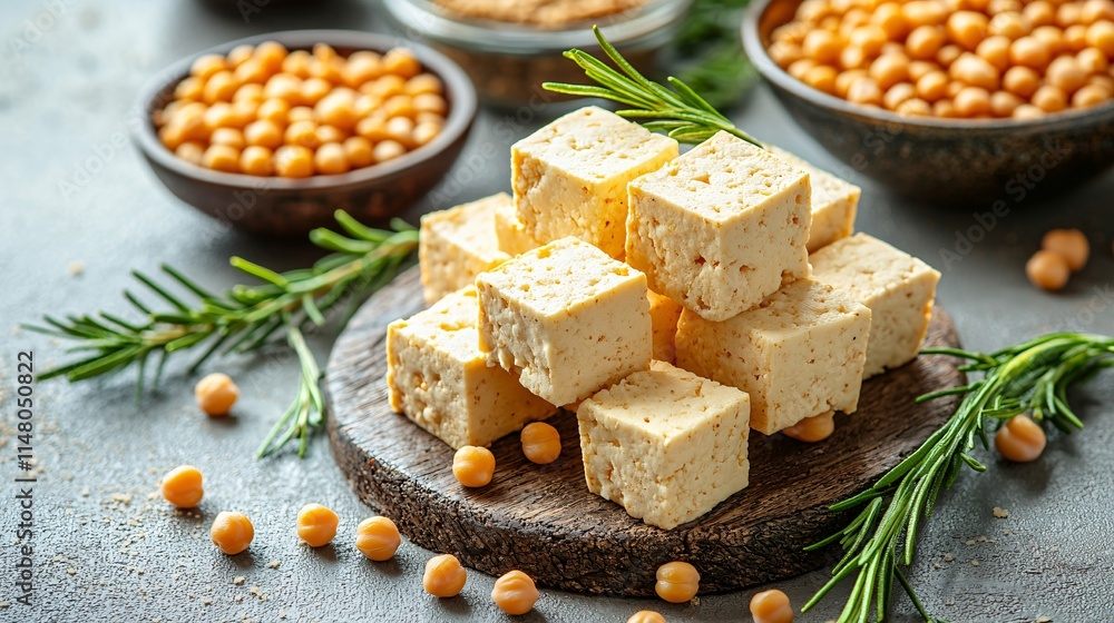Poster plant-based protein sources such as lentils chickpeas and tofu arranged on a clean table promoting s
