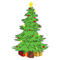 Decorated Christmas tree with star and gifts, decorated christmas tree on white background, christmas tree with gift boxes.
