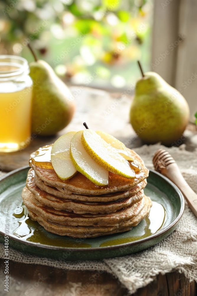Poster stacked pancakes with sliced pear and honey, pears in background.