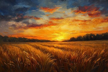 Oil painting of a golden wheat field at sunset with a dramatic sky