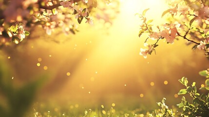 Obraz premium Soft Pink Blossoms in a Sunlit Garden with Gentle Sparkling Dust Motifs