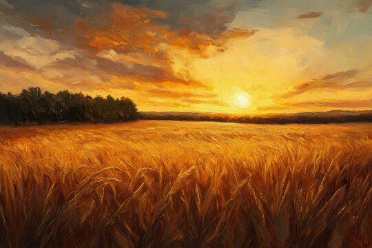 Oil painting of a golden wheat field at sunset with a cloudy sky and trees in the background