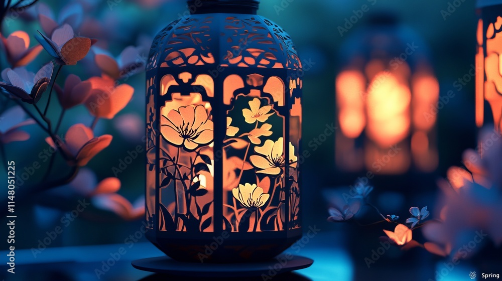 Poster a lantern with flowers on it is lit up and placed on a table. the lantern is surrounded by a tree br