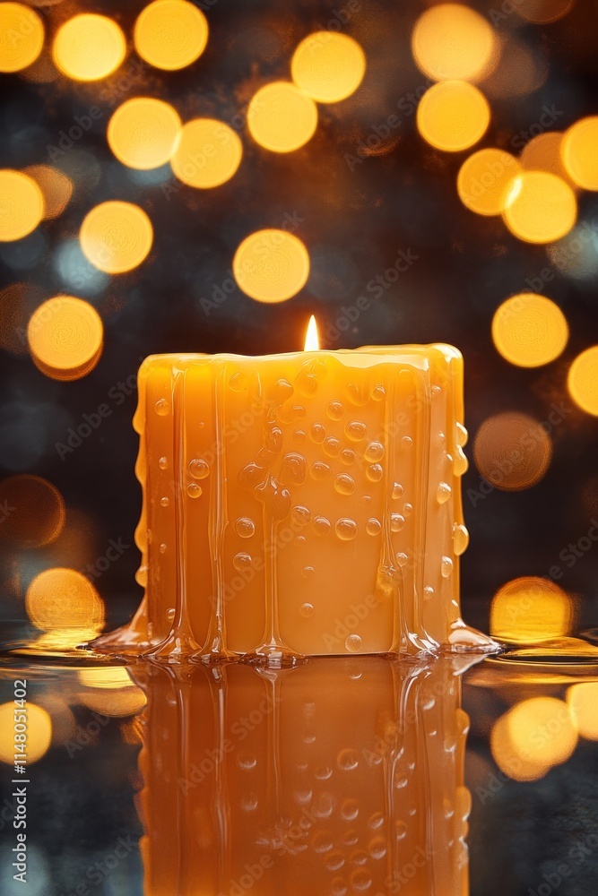 Poster lit candle with wax dripping, bokeh lights.