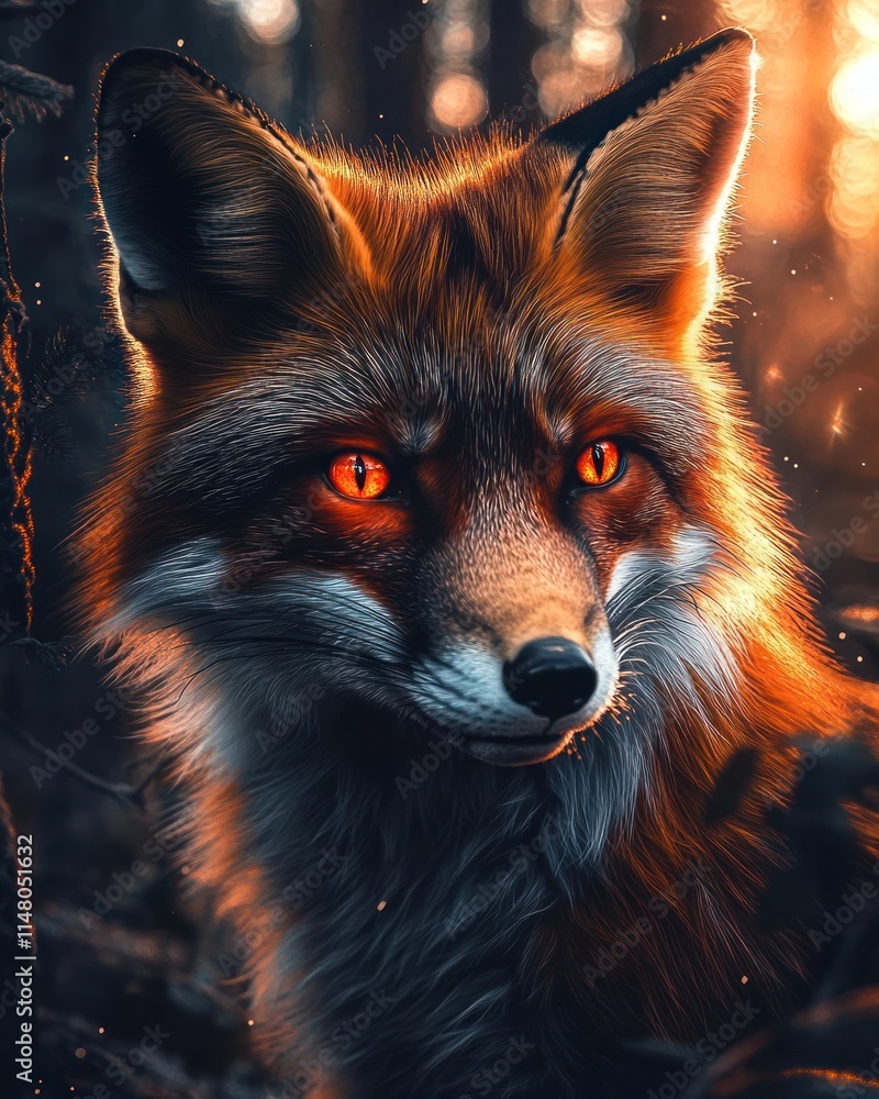 Aufkleber fox with glowing eyes in forest.