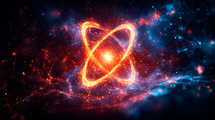 Obraz premium Fiery atom symbol in cosmic space.