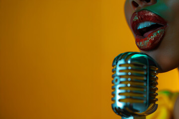 Black woman singer at old microphone and copy space for text. Girly female concept for jazz concert posters, radio advertising and music podcasts